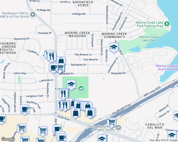 map of restaurants, bars, coffee shops, grocery stores, and more near 4508 Trysail Drive in Fort Worth