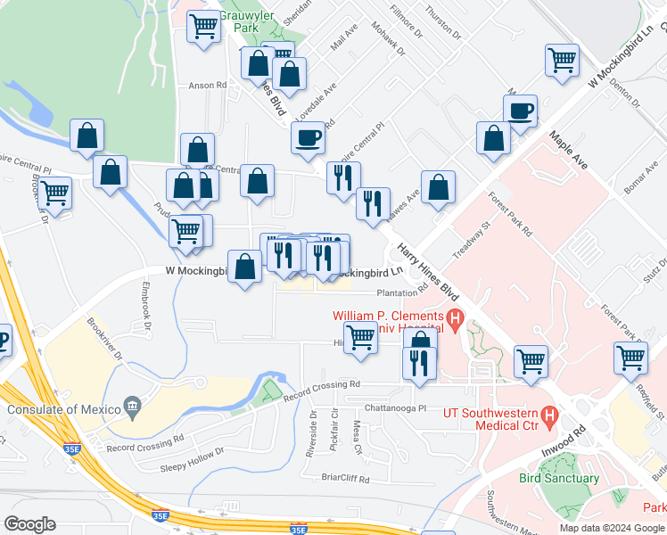 map of restaurants, bars, coffee shops, grocery stores, and more near 1825 West Mockingbird Lane in Dallas