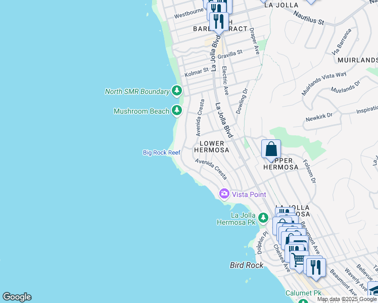 map of restaurants, bars, coffee shops, grocery stores, and more near 225 Via Del Norte in San Diego