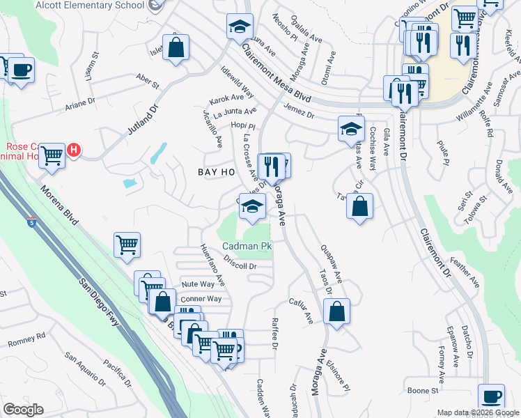 map of restaurants, bars, coffee shops, grocery stores, and more near 4370 Kamloop Avenue in San Diego