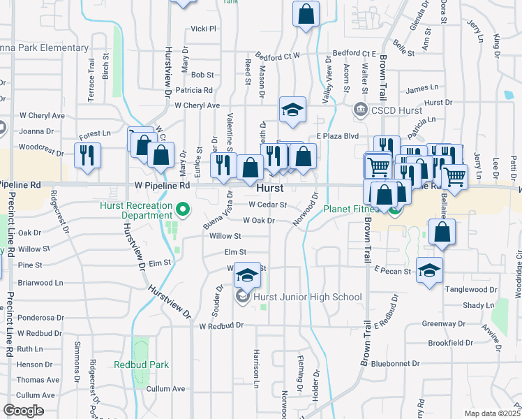 map of restaurants, bars, coffee shops, grocery stores, and more near 233 West Pipeline Road in Hurst
