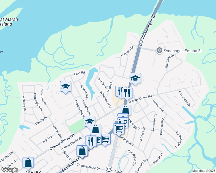 map of restaurants, bars, coffee shops, grocery stores, and more near 1879 Rugby Lane in Charleston