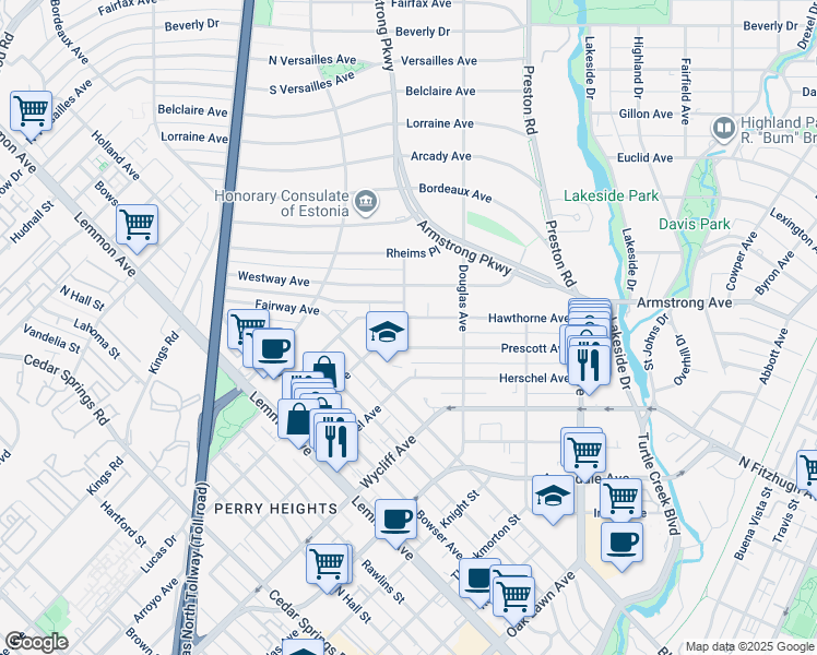 map of restaurants, bars, coffee shops, grocery stores, and more near 4000 Hawthorne Avenue in Dallas