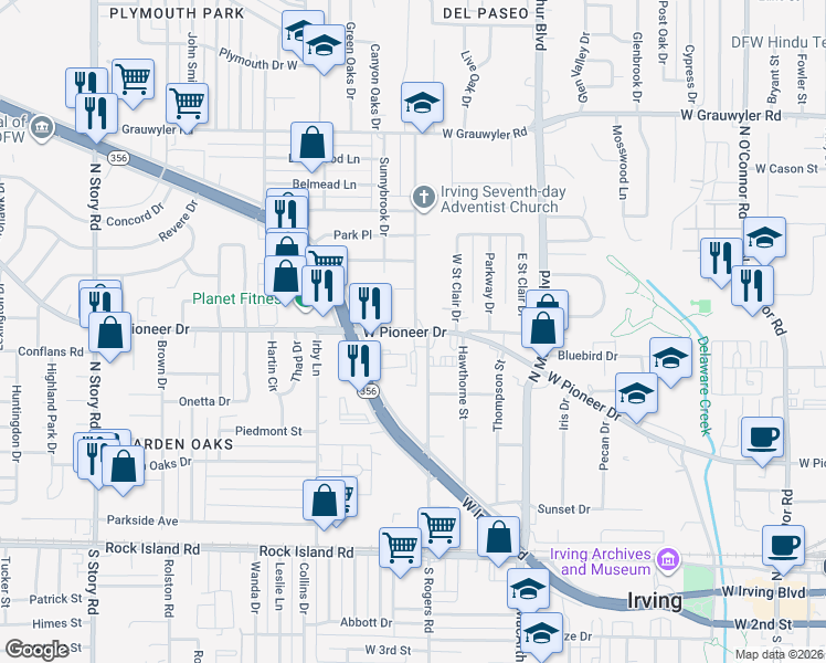 map of restaurants, bars, coffee shops, grocery stores, and more near 1425 West Pioneer Drive in Irving