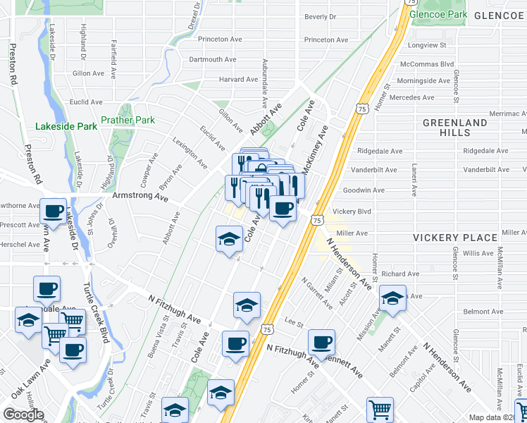 map of restaurants, bars, coffee shops, grocery stores, and more near 4528 Cole Avenue in Dallas