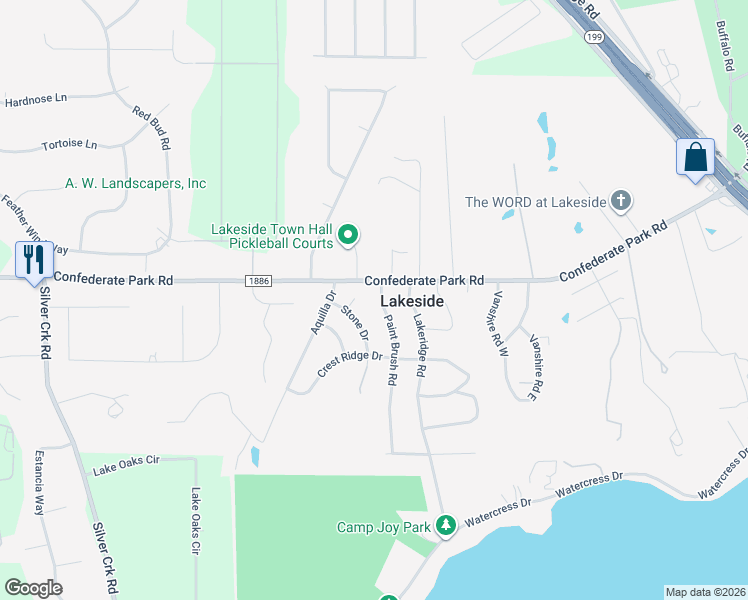 map of restaurants, bars, coffee shops, grocery stores, and more near 102 Paint Brush Road in Fort Worth