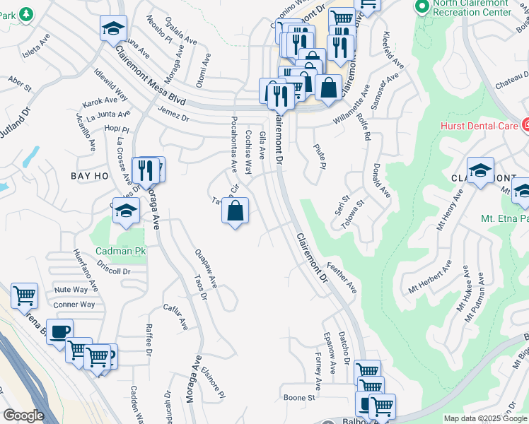 map of restaurants, bars, coffee shops, grocery stores, and more near 4433 Pocahontas Avenue in San Diego