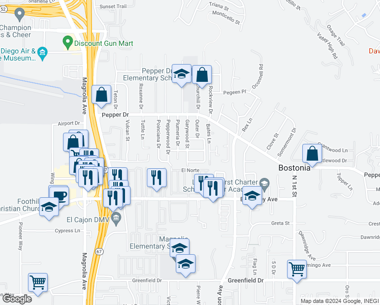 map of restaurants, bars, coffee shops, grocery stores, and more near 1637 Garywood Street in El Cajon