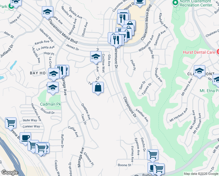 map of restaurants, bars, coffee shops, grocery stores, and more near 4433 Pocahontas Avenue in San Diego