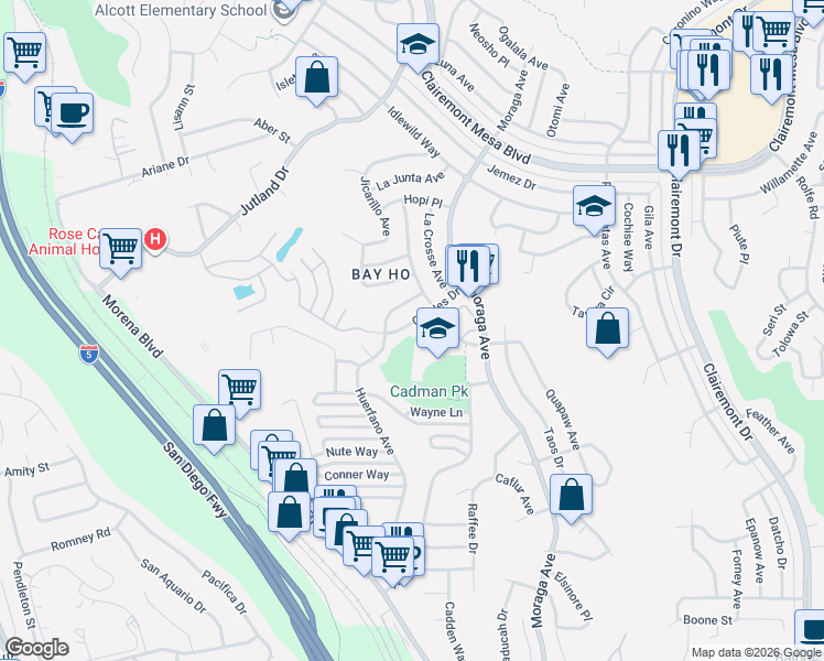 map of restaurants, bars, coffee shops, grocery stores, and more near 3282 Geddes Drive in San Diego