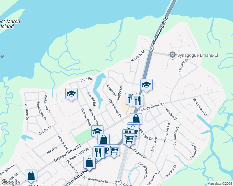 map of restaurants, bars, coffee shops, grocery stores, and more near 1879 Rugby Lane in Charleston