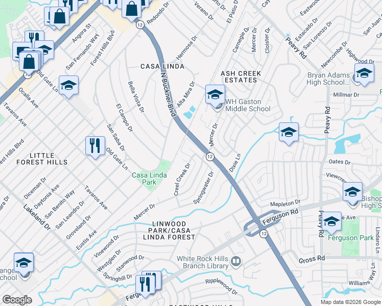 map of restaurants, bars, coffee shops, grocery stores, and more near 9533 Springwater Drive in Dallas