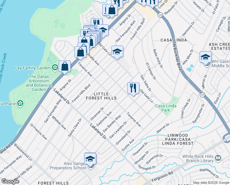 map of restaurants, bars, coffee shops, grocery stores, and more near 8922 Santa Clara Drive in Dallas