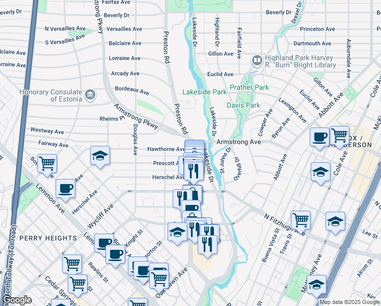 map of restaurants, bars, coffee shops, grocery stores, and more near in Highland Park