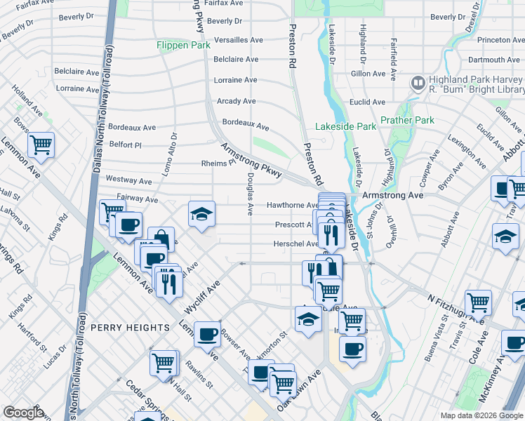 map of restaurants, bars, coffee shops, grocery stores, and more near 3 Douglas Avenue in Dallas