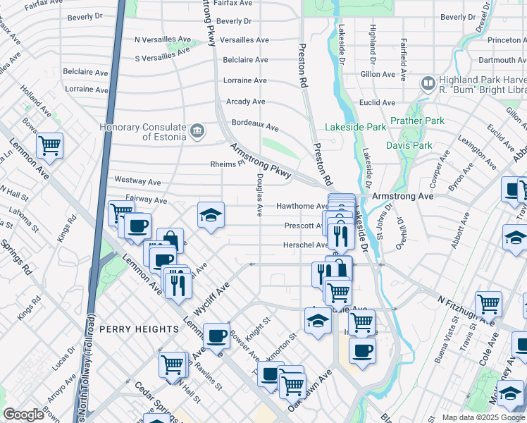 map of restaurants, bars, coffee shops, grocery stores, and more near 3 Douglas Avenue in Dallas