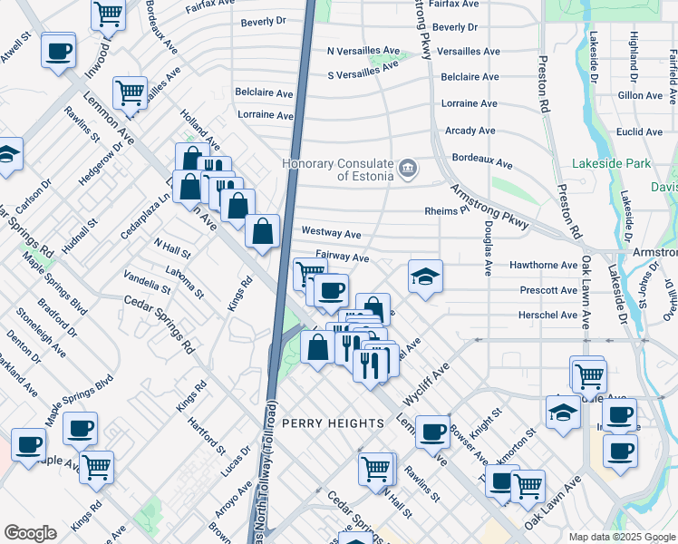 map of restaurants, bars, coffee shops, grocery stores, and more near 4521 Fairway Avenue in Dallas