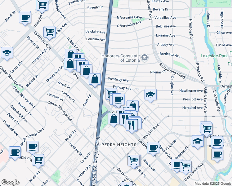 map of restaurants, bars, coffee shops, grocery stores, and more near 4521 Fairway Avenue in Dallas