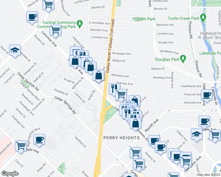 map of restaurants, bars, coffee shops, grocery stores, and more near 4551 Fairway Avenue in Dallas