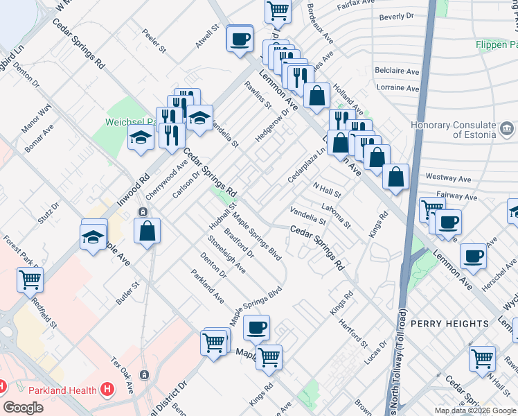 map of restaurants, bars, coffee shops, grocery stores, and more near 3126 Hudnall Street in Dallas