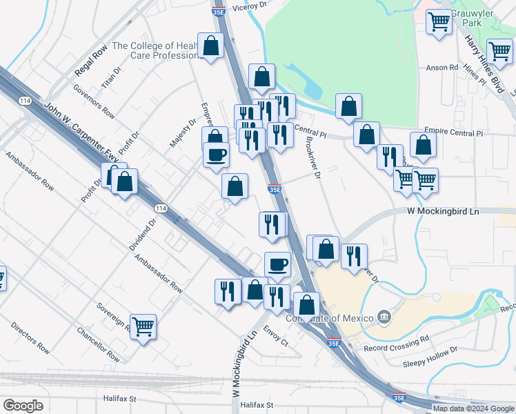 map of restaurants, bars, coffee shops, grocery stores, and more near 7785 North Stemmons Freeway in Dallas