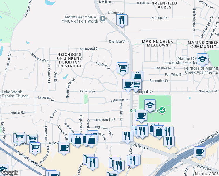 map of restaurants, bars, coffee shops, grocery stores, and more near 6211 Dodson Terrace in Fort Worth