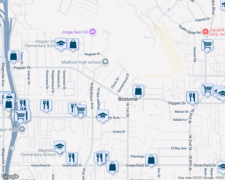 map of restaurants, bars, coffee shops, grocery stores, and more near 1301 Clove Street in El Cajon