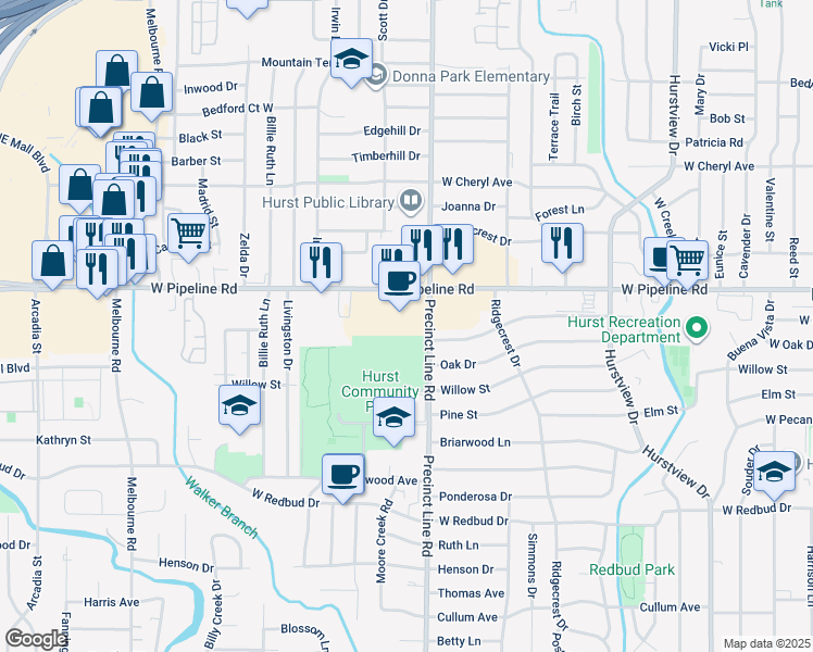 map of restaurants, bars, coffee shops, grocery stores, and more near 821 W Pipeline Rd in Hurst
