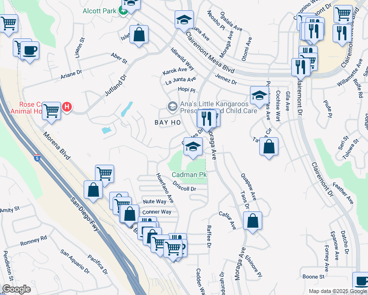 map of restaurants, bars, coffee shops, grocery stores, and more near 3282 Geddes Drive in San Diego