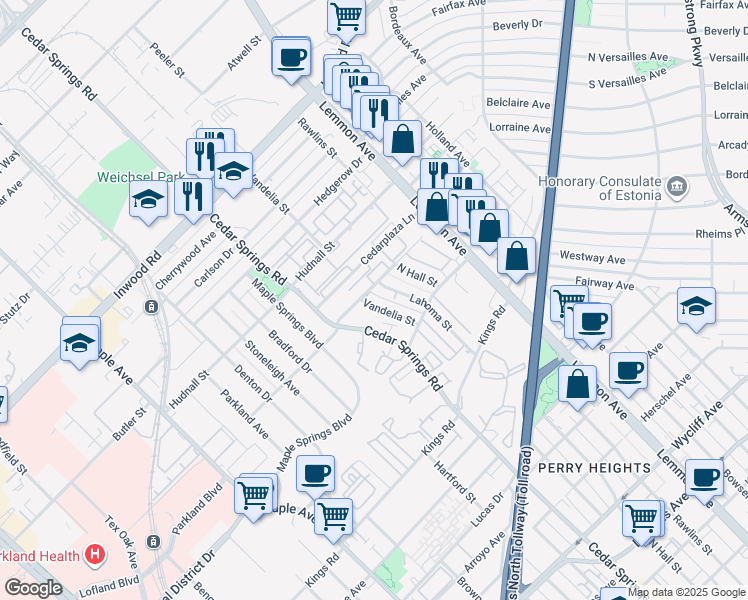 map of restaurants, bars, coffee shops, grocery stores, and more near 5156 Vandelia Street in Dallas