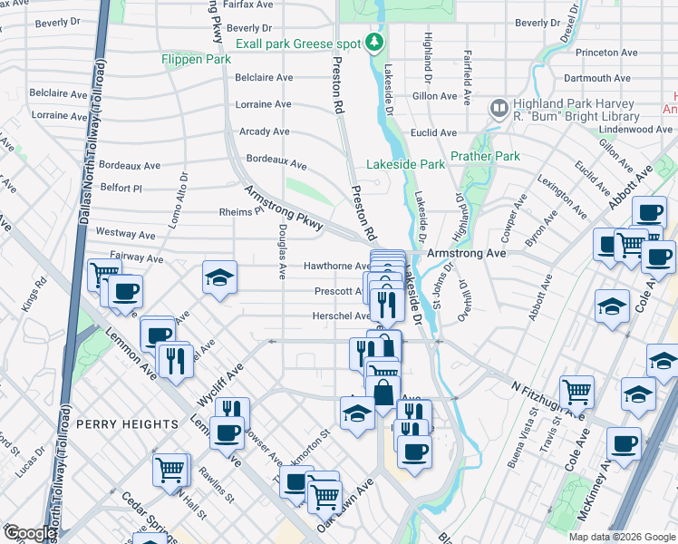 map of restaurants, bars, coffee shops, grocery stores, and more near 4206 Hawthorne Avenue in Dallas