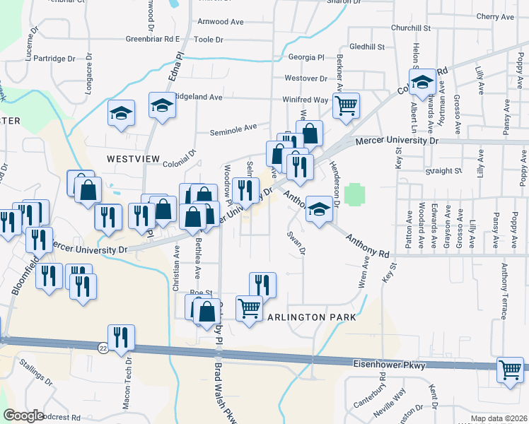 map of restaurants, bars, coffee shops, grocery stores, and more near 1714 Eveline Avenue in Macon