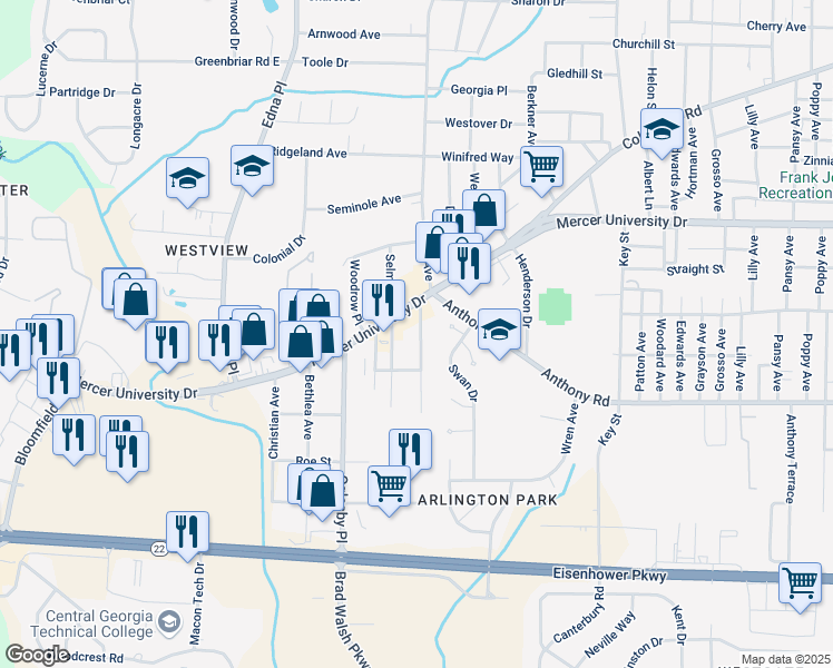 map of restaurants, bars, coffee shops, grocery stores, and more near 1727 Eveline Avenue in Macon