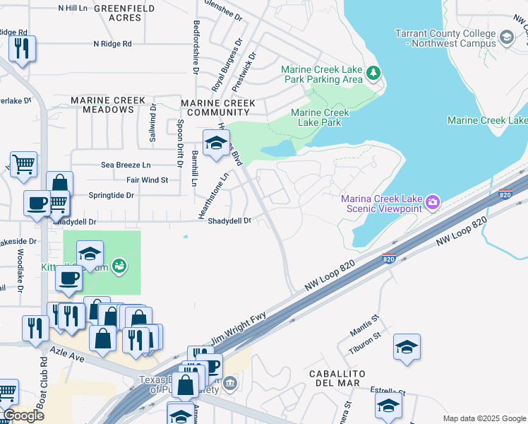 map of restaurants, bars, coffee shops, grocery stores, and more near 4603 Huffines Boulevard in Fort Worth