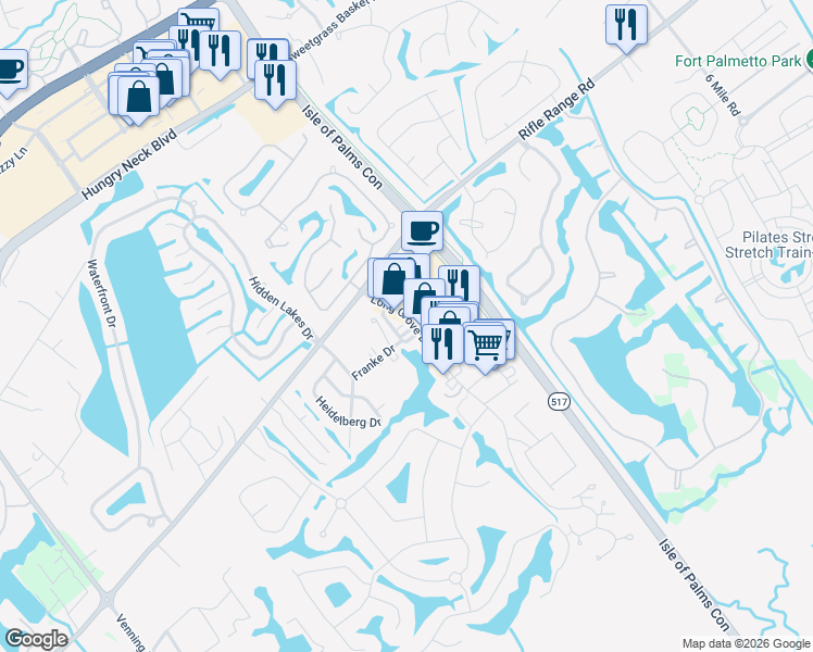 map of restaurants, bars, coffee shops, grocery stores, and more near 1405 Long Grove Drive in Mount Pleasant