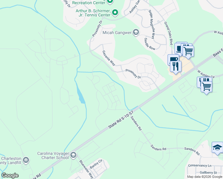 map of restaurants, bars, coffee shops, grocery stores, and more near 3530 Verdier Boulevard in Charleston