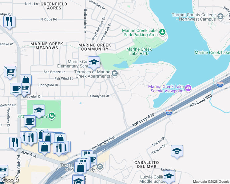 map of restaurants, bars, coffee shops, grocery stores, and more near 4602 Huffines Boulevard in Fort Worth