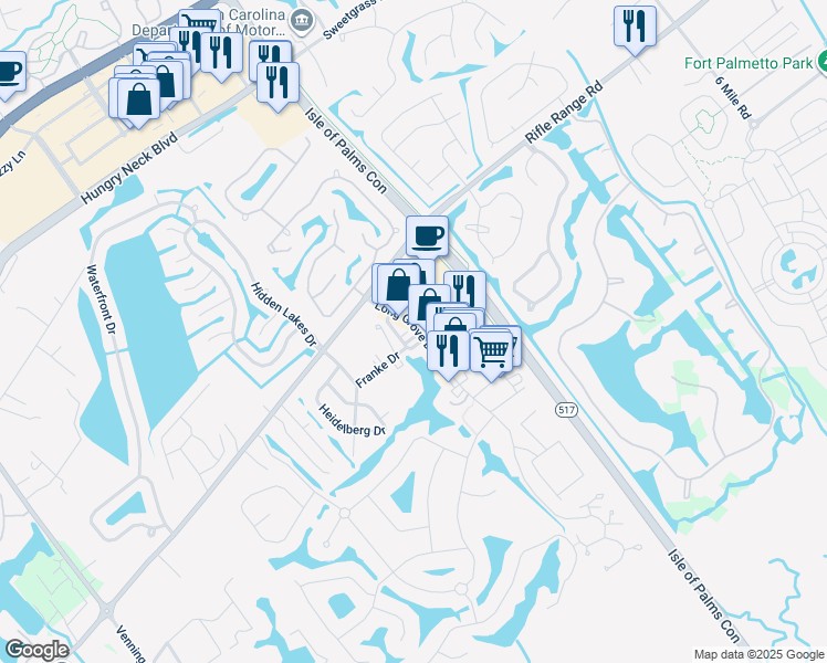 map of restaurants, bars, coffee shops, grocery stores, and more near 1405 Long Grove Drive in Mount Pleasant