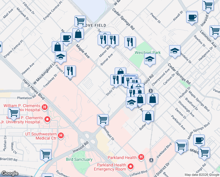 map of restaurants, bars, coffee shops, grocery stores, and more near 5940 Forest Park Road in Dallas