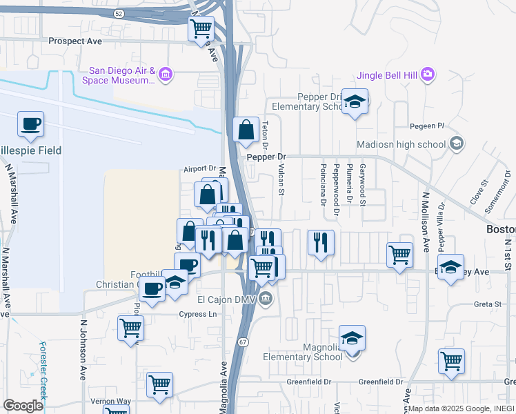 map of restaurants, bars, coffee shops, grocery stores, and more near 331 Danny Street in El Cajon