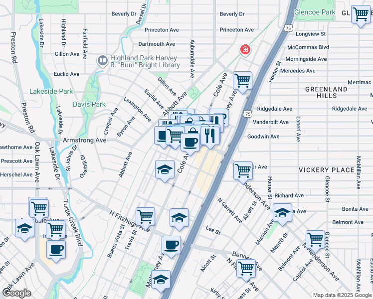 map of restaurants, bars, coffee shops, grocery stores, and more near 4525 Cole Avenue in Dallas