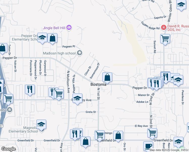 map of restaurants, bars, coffee shops, grocery stores, and more near 1324 Somermont Drive in El Cajon