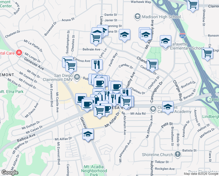 map of restaurants, bars, coffee shops, grocery stores, and more near 5550 Balboa Arms Drive in San Diego