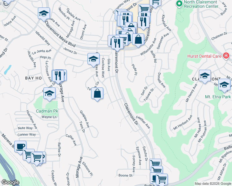 map of restaurants, bars, coffee shops, grocery stores, and more near 4441 Clairemont Drive in San Diego