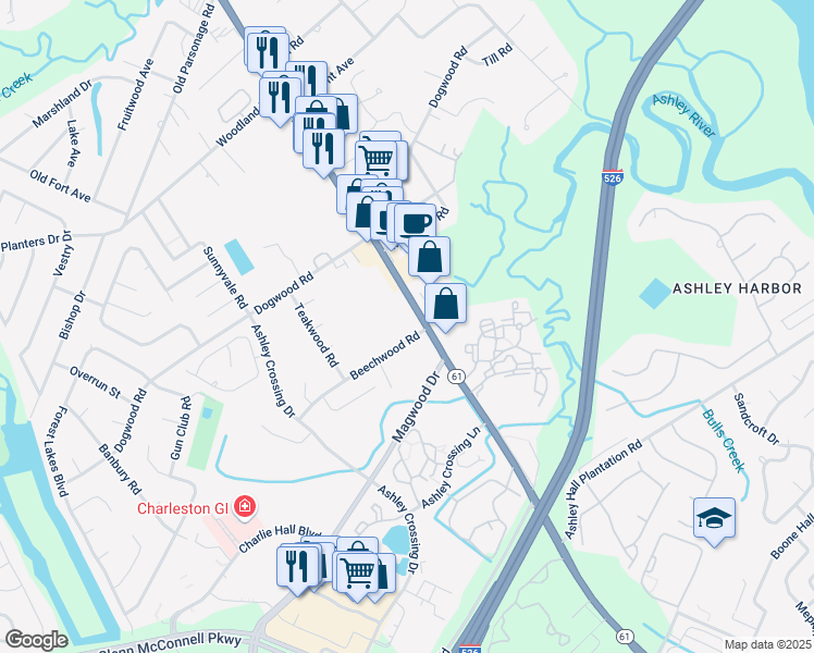 map of restaurants, bars, coffee shops, grocery stores, and more near 2343 Ashley River Road in Charleston