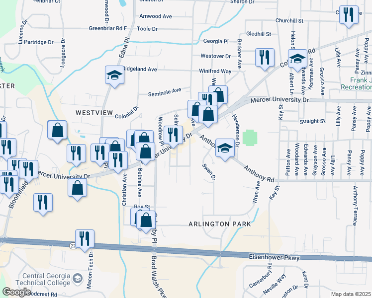 map of restaurants, bars, coffee shops, grocery stores, and more near 1727 Eveline Avenue in Macon
