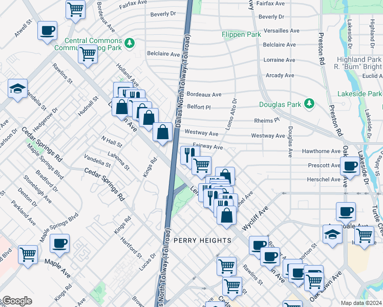 map of restaurants, bars, coffee shops, grocery stores, and more near 4551 Fairway Avenue in Dallas