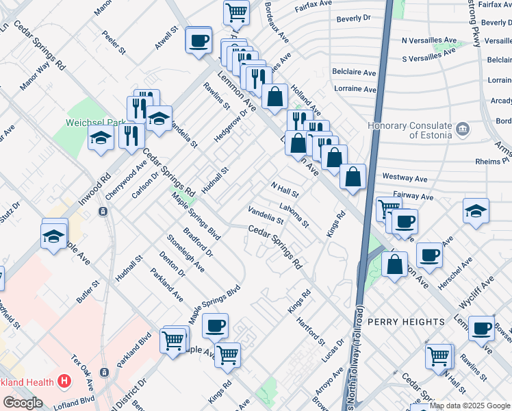 map of restaurants, bars, coffee shops, grocery stores, and more near 5152 Lahoma Street in Dallas
