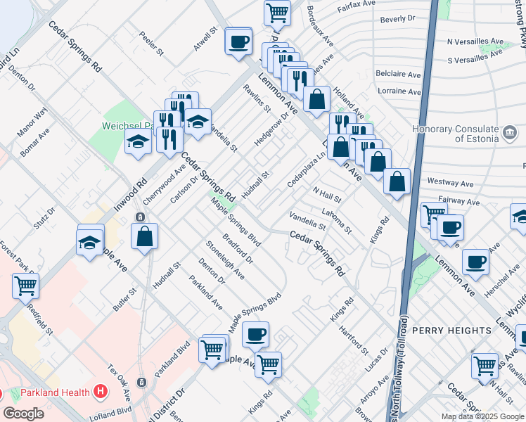 map of restaurants, bars, coffee shops, grocery stores, and more near 3126 Hudnall Street in Dallas