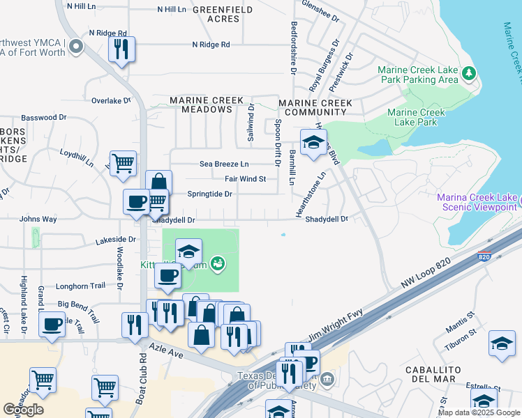 map of restaurants, bars, coffee shops, grocery stores, and more near 5725 Springtide Drive in Fort Worth